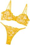 Lilosy Sexy Underwire Cute Push Up Strappy Embroidered Mesh Sheer Lingerie Set See Through Panty Bra, Yellow, Medium