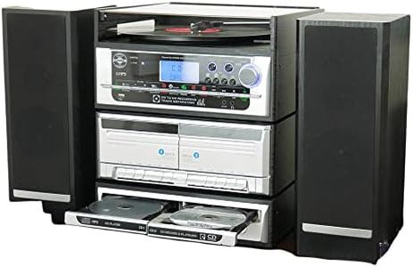 Steepletone Capitol Music Stack System, CD Burner. CD RECORDING 6-in-1 Modular Music System. Vinyl Record Turntable, Twin CD, Twin Cassette. MP3, USB, FM Radio, AUX, Remote. Amp/Speakers. Black/Silver