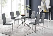 Furniturebox UK Dining Set - Leonardo Dining Table and Milan Chairs Set Of 6 - Contemporary Glass Chrome Table with Modern Milan Chairs (Glass Dining Table + 6 Grey Milan Chairs)