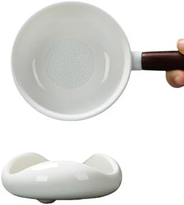 PQYRZOS White Porcelain Tea Strainer Set with Wooden Handle for Kung Fu Tea
