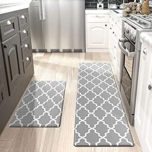 DEXI 2 Piece Kitchen Rugs Set,Non-Slip Anti Fatigue Standing Mat Kitchen Area Rug Waterproof Kitchen Floor Mats Comfort Runner Rugs,Easy to Clean 44 x 75 cm+44 x 150 cm, Grey