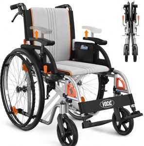 VOCIC Ultra Lightweight Foldable Wheelchair for Adults 23lb Frame Portable Self-Propelled Wheelchairs for Seniors with Quick Release Wheels, Swing-Away Footrests,Flip-Back Arm, 300 lbs Gray