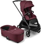Bugaboo Dragonfly City Stroller with Full-Size Baby Bassinet and Toddler Seat, One Hand Easy Fold in Any Position, Full Suspension, Large Basket, Black Chassis and Dark Cherry Sun Canopy