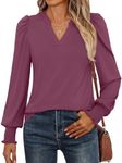 ANRABESS Women's Puff Long Sleeve Shirts V Neck Loose T-Shirts Dressy Casual Work Blouses 2024 Fall Tops Trendy Clothes Mauve L