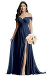 Off The Shoulder Bridesmaid Dresses for Wedding Ruched Chiffon Split Formal Evening Dress with Pockets, Navy Blue, 10