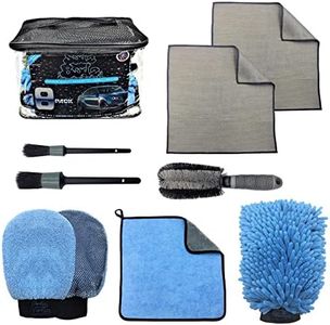 Sudz Budz® Premium Car Wash Kit 8pcs | Washing and Detailing Mitts, Microfibre Towels Set, Wheel Cleaning Brush, Detailing Brushes. Professional Detail Accessories for Exterior and Interior Car Care