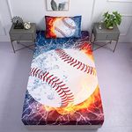 Roscloud Sports Baseball Sheet Sets Twin Size - 2PC Ice Flame Galaxy Baseball Boys Fitted Sheets（Fitted Sheet1 Pillowcases1）