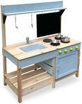 Mud Kitchen Playset for, Outdoor Wooden Toy Play Kitchen Set for Boys and Girls, Kitchen Accessories and Garden Sink with Faucet, Blackboard, Cookware Pot (Blue)