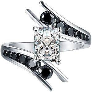 Raylynn Emerald Black Engagement Ring for Women by Ginger Lyne |Unique 925 Sterling Silver Wedding Ring for Her |Black and Clear Cubic Zirconia Faux Diamond Travel Promise or Bridal