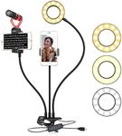 Movo Selfie Makeup Tutorial Ultimate Kit with Desk Clamp, 2 Cell Phone Mounts for Camera and Teleprompter, LED Ring Light & Video Vlog Microphone + Grip - Compatible with iPhone, Android Smartphones