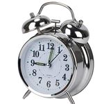 BALLSHOP Retro Alarm Clock with Non Ticking Twin Bell Retro Alarm Clock Old Fashioned Bedside Alarm Clock Vintage Battery Operated Analogue Quartz Loud Alarm Clock for Bedroom with Night Light Silver