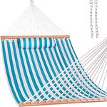 Lazy Daze Hammocks Quilted Fabric Double Hammock with Pillow, Spreader Bar Swing for Two Person, Sailor Stripe