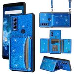 Furiet Wallet Case for AT&T Motivate Max U668AA/Cricket Ovation 3 U668AC with Shoulder Strap Thin Slim Flip Purse Credit Card Holder Stand Sparkly Glitter Bling Cell Phone Cover for ATT Women Men Blue