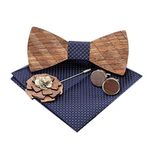 Classic Handmade Mens Wood Bow Tie with Matching Pocket Square and Men's Cufflinks Set