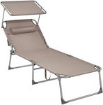 SONGMICS Lounger, Sunbed, Large Reclining Sun Chair, 71 x 200 x 38 cm, Load Capacity 150 kg, with Headrest, Reclining Backrest, Sunshade, Foldable, for Garden, Taupe Colour GCB022K01