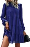 KIRUNDO Women's 2024 Fall Winter Long Sleeve Ruffle Mock Neck Tiered Mini Babydoll Dress Casual Flowy Swing Tunic Shift Dresses(Blue, Medium)