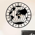 Dekory World Map Black Metal Wall Clock, Globe Vintage Living Room Wall Clocks, Decorative Wall Pendulums, Industrial Style Metal, Kitchen, Nordic Style