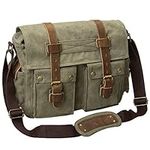 Peacechaos Messenger Bag Leather Canvas Shoulder Bookbag Laptop Bag + Dslr Slr Camera Canvas Shoulder Bag (Army Green)