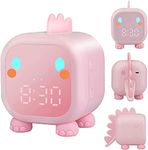 SZHYH Kids Alarm Clock, Children's Sleep Trainer Dinosaur Digital Alarm Clock, Snooze Mode/Temperature/Countdown/Voice Control/USB, Timed Wake Up Light Bedside Clock for Boys Girls (Pink)