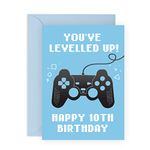 CENTRAL 23 Fun Tenth Birthday Card for Boys - 'You've Levelled Up!' - Happy 10th Birthday - 10 Year Old - Blue Greeting Card for Gamers - For Kids - Gift for Son, Grandson - With Stickers