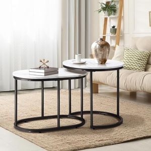 Oikiture Set of 2 Coffee Table Round Marble Nesting Table Side End Table White and Black