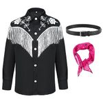 Yulefly Cowboy Cosplay Costume Adults Men Jean Shirt Tie Belt Outfits Halloween Carnival Suit, Black (S)