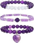 Vinswet Healing Crystal Beaded Bracelets for Women,Natural Amethyst Gemstones Bracelet,Anxiety Stress Relief Heart Charm Bracelet Handmade purple Jewelry Gifts for Women, 19cm, amethyst, Amethyst