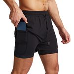 Danfiki Men Running Shorts Men's Shorts Workout with Phone Pocket 2 in 1 Gym Training Shorts Lightweight Quick Drying Black