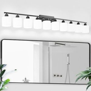 FAISHILAN 10 Light Black Vanity Lights for Giant Mirror, Bathroom Vanity Lights Over Mirror with Milky White Frosted Glass Shades,65 inch Bathroom Light Fixture for Mirrors, E26