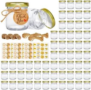 GIVAMEIHF Mini Honey jars 1.5oz, 60 pcs Honey Jars with 60 Bee Stickers,Tags,Jutes Rope,Mini Honey Jars with Lids, Perfect for Candle Jar,Spices,Jams,Baby Shower, Wedding Favors, Party Favors