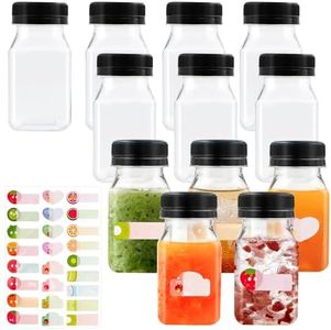 UPUPGO 12 Piezas Botellas de Jugo de Plástico, Botella de Plastico de 120 ML Botellas Sensoriales Reutilizables con 1 Etiqueta de Fruta con Tapas para Leche, Jugo de Frutas y Verduras Tapa Negro