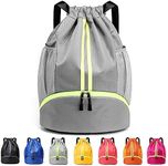 Qoosea Drawstring Backpack Sports Gym Sackpack with Side Mesh Pockets Shoe Compartment Water Resistant String Bag for Women Men (Grey)