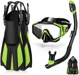 Odoland 4 in 1 Snorkel Set, Snorkeling Packages with Dry Top Diving Mask, Adjustable Swim Fins, Mesh Bag, Anti-Fog Anti-Leak Snorkeling Gear for Men Women,Green,S/M