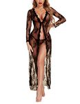 Avidlove Long Lingerie Robe for Women See Through Dress Lace Gown Open Sheer Mesh Kimono Black M