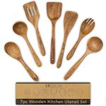 A&M Natural Living Wooden Kitchen Utensils Set of 7 for Cooking, Wooden Kitchen Utensils Including Wooden Spoons, Serving Spoon, Wooden Spatula Set, Wooden Spoons Cooking Kitchen Sets