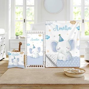 Duckbe Custom Crib Bedding Set - Elephant Design Personalized Name Baby Nursery Bed 3 Pcs Set - Chic Soft Blanket with Dotted Backing, Sheet, Pillowcase for Newborn Girls Boys Gifts Color18