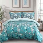 DJY King Size Comforter Set, Green Botanical Leaves Comforter for King Bed Aqua Reversible Plant Bed Comforter Set Soft Microfiber Floral Bedding Set 3 Pieces for All Season