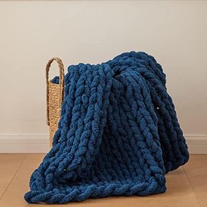 Chunky Knit Blanket Soft Chenille Yarn Knitted Throw Blanket 50"X60" Handmade Cable Warm Thick Giant Blanket for Couch Bed Trips (Navy, Throw 50“x60”)