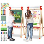 JOYOOSS 3 in 1 Kids Wooden Art Easel with Bonus Kids Art Supplies, Double Sided Children Easel Chalkboard/Magnetic Dry Erase Board - Toddler Easel with Storage Bins for 3~12 Years Kids