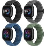 Acortjl Elastic Braided Solo Loop Band Compatible with Fitbit Versa 4/Fitbit Sense 2/Fitbit Versa 3/Fitbit Sense, Stretchy Straps Nylon Sport Wristband for Women Men, 4 Packs