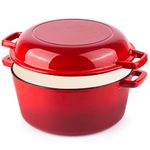 Enamelled Cast Iron Dutch Oven Casserole Pot - Cast Iron Skillet Lid – 2 in 1 Cooking Cookware Pan Set – Dutch Oven Pot with Lid – Red, 5 Quarts, 26cm – by Nuovva