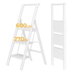 JOISCOPE 3 Step Ladder, Iron Folding Step Ladder with Handgrip Anti-Slip Sturdy and Wide Pedal Multi-Use for Household and Office, 600 Lbs Capacity, White