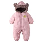 JiAmy Baby Snowsuit Hooded Romper Winter Outfits Boys Girls Cartoon Bear Fleece Jumpsuit Pink 12-18 Months