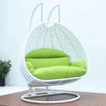 Candid Home Designer Double Seater Heavy Iron Hanging Swing Chair with Tufted Soft Deep Cushion & Stand Backyard Relax for Indoor, Outdoor, Balcony, Patio, Home & Garden, Terrace (White + Green)