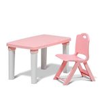 HAPPY BEAR Table and Chair Set for Kids Strong & Durable Plastic Made Rectangle Table with Box Space for Stationery 3 Level Height Adjustable (Light Pink)