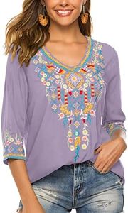 AK Women's Embroidered Tops 3/4 Sleeve Traditional Mexican Shirts for Women V Neck Peasant Tunic Blouses Light Purple