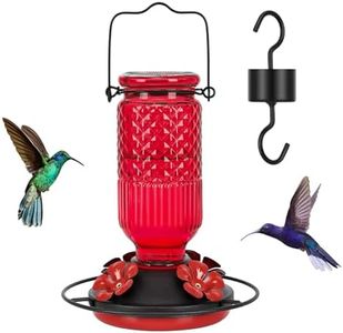 FEED GARDEN Glass Hummingbird Feeder for Outdoors Hanging, 16 OZ Humming Birds Feeders with 4 Bee Guard Feeding Ports & Built-in Ant Moat, Bird Feeder for Outside, Red