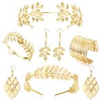 SAILIMUE 6 Pcs Greek Goddess Costume Accessories Set for Women Golden Laurel Leaf Crown Headband Upper Arm Cuff Coil Bracelet Pearl Leaf Dangle Earring Bridal Wedding Headpiece Toga Costume Jewelry