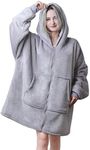 Queenshin Open Front Zip Up Oversized Hoodie Wearable Blanket for Men Women, Adults Comfy Sherpa Lined Hooded Sweatshirt with Zipper, One Size,Light Grey