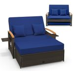 Tangkula Patio Rattan Daybed Set with Cushioned Loveseat and Storage Ottoman, Outdoor Double Chaise Lounger with 4-Level Adjustable Backrest and Retractable Side Trays for Backyard